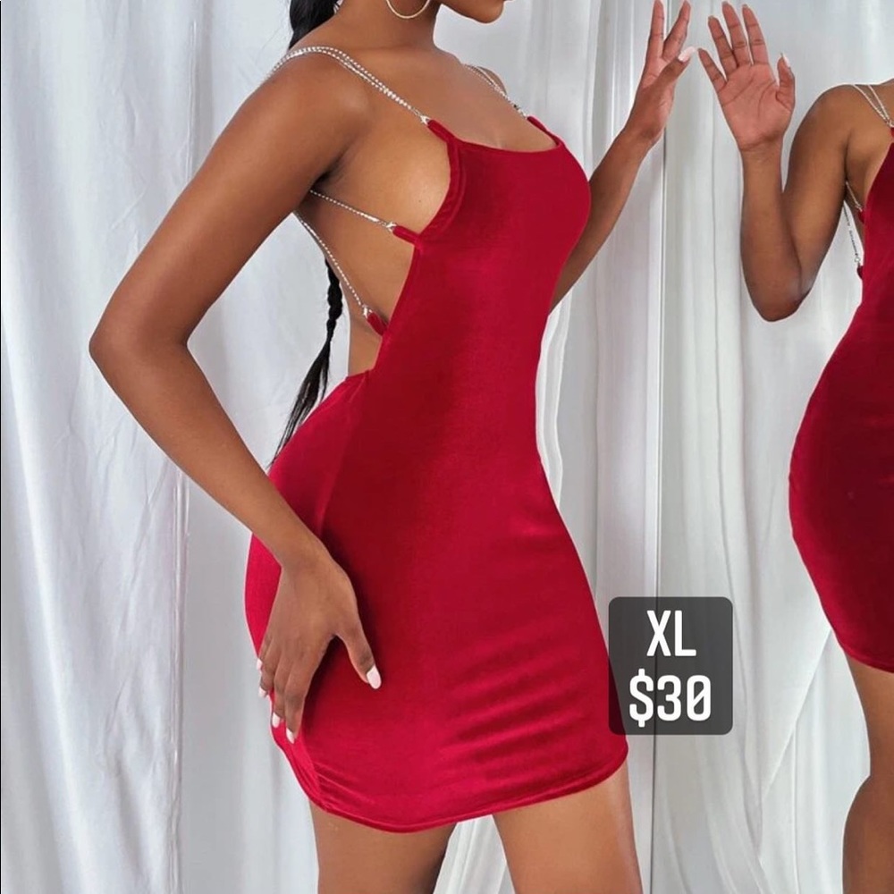 Red short backless dress with rhinestones
